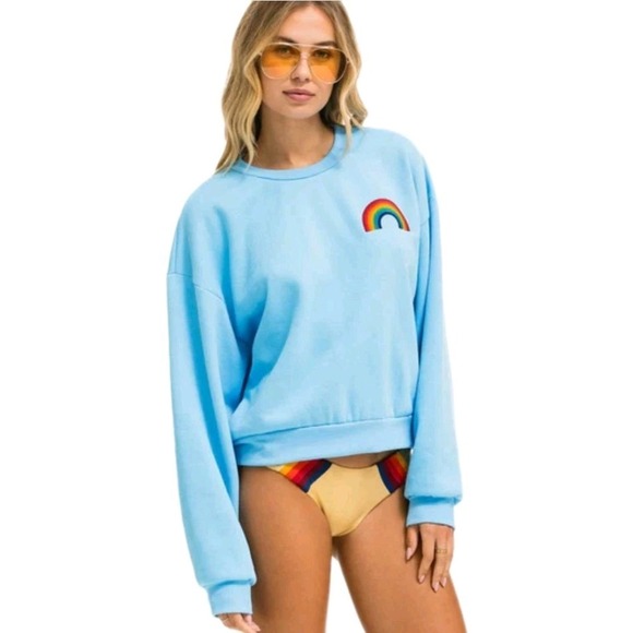 Aviator Nation Large Rainbow Embroidered Relaxed Crew Sweatshirt Sky Blue Unisex - Picture 2 of 12